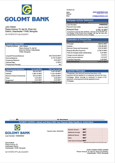 Download Mongolia Golomt Bank mortgage statement Word and PDF template Photoshop template